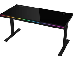 Lorgar Dual-motor sit/stand adjustable-height gaming desk with wireless charger, RGB lighting, control panel, and USB jungtys, solid tempered glass tabletop, juodas.