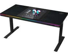 Lorgar Dual-motor sit/stand adjustable-height gaming desk with built-in PC case, wireless charger, RGB lighting, control panel, and USB jungtys, PB melamine surface tabletop, juodas.