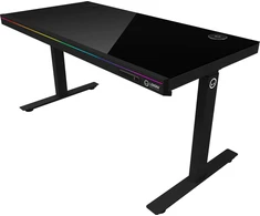 Lorgar Dual-motor sit/stand adjustable-height gaming desk with wireless charger, RGB lighting, control panel, and USB jungtys, solid tempered glass tabletop, juodas.