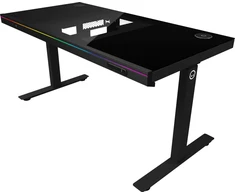 Lorgar Dual-motor sit/stand adjustable-height gaming desk with built-in PC case, wireless charger, RGB lighting, control panel, and USB jungtys, tempered glass tabletop, juodas.