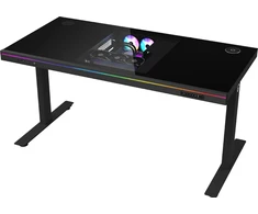 Lorgar Dual-motor sit/stand adjustable-height gaming desk with built-in PC case, wireless charger, RGB lighting, control panel, and USB jungtys, tempered glass tabletop, juodas.