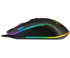 Pelė SVEN RX-G850 iki 6400 DPI; Soft Touch; Metalinis dugnas; Pintas kabelis; Žaidimų programinė įranga; 3 papildomi mygtukai; Apšvietimas; Dukart spustelėkite mygtuką; Dpi jungiklio mygtukas