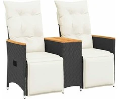 Atlošiama dvivietė sodo sofa su staliuku, juoda, poliratanas