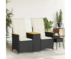 Atlošiama dvivietė sodo sofa su staliuku, juoda, poliratanas