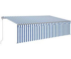 Markizė su uždanga/LED/vėjo jutikliu, mėlyna/balta, 5x3m