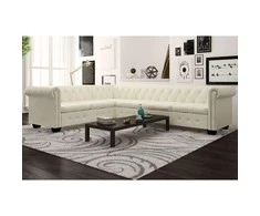 Chesterfield kampinė šešiavietė sofa, dirbtinė oda, balta