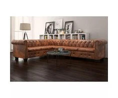 Chesterfield kampinė šešiavietė sofa, dirbtinė oda, ruda