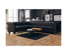 Chesterfield kampinė šešiavietė sofa, dirbtinė oda, juoda