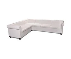 Chesterfield kampinė šešiavietė sofa, dirbtinė oda, balta