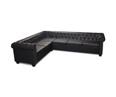 Chesterfield kampinė šešiavietė sofa, dirbtinė oda, juoda