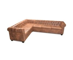Chesterfield kampinė šešiavietė sofa, dirbtinė oda, ruda