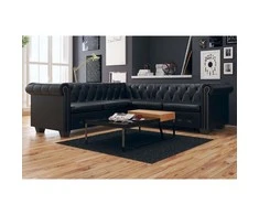 Chesterfield penkiavietė kampinė sofa, juoda, dirbtinė oda