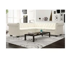 Chesterfield penkiavietė kampinė sofa, dirbtinė oda, balta