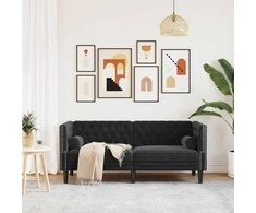Dvivietė chesterfield sofa su pagalvėlėmis, juoda, aksomas