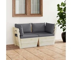 Lauko baldų komplektas Dvivietė sodo sofa iš palečių su pagalvėlėmis, eglės mediena