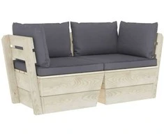 Lauko baldų komplektas Dvivietė sodo sofa iš palečių su pagalvėlėmis, eglės mediena