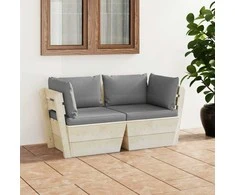 Lauko baldų komplektas Dvivietė sodo sofa iš palečių su pagalvėlėmis, eglės mediena