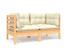 Dvivietė sodo sofa su kreminėmis pagalvėlėmis, pušies masyvas