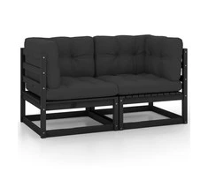 Dvivietė sodo sofa su pagalvėlėmis, juoda, pušies masyvas