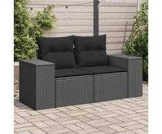 Dvivietė sodo sofa su pagalvėlėmis, juodos spalvos, poliratanas