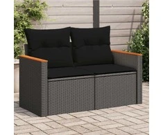 Dvivietė sodo sofa su pagalvėlėmis, juodos spalvos, poliratanas