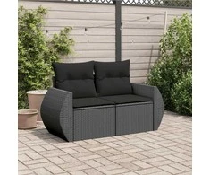 Dvivietė sodo sofa su pagalvėlėmis, juodos spalvos, poliratanas
