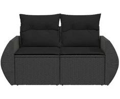 Dvivietė sodo sofa su pagalvėlėmis, juodos spalvos, poliratanas