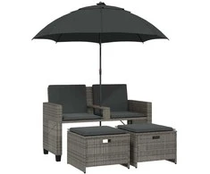 Dvivietė sodo sofa su skėčiu/taburetėmis, pilka, poliratanas
