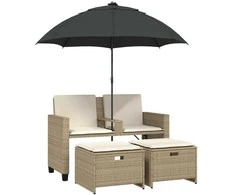 Dvivietė sodo sofa su skėčiu/taburetėmis, smėlio, poliratanas