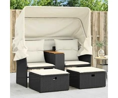 Dvivietė sodo sofa su skliautu/taburetėmis, juoda, poliratanas