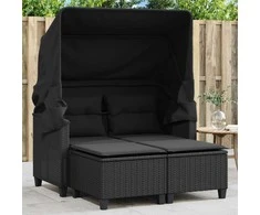 Dvivietė sodo sofa su skliautu/taburetėmis, juoda, poliratanas