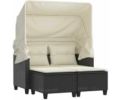 Dvivietė sodo sofa su skliautu/taburetėmis, juoda, poliratanas