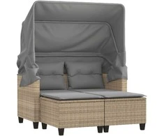 Dvivietė sodo sofa su skliautu/taburetėmis, smėlio, poliratanas
