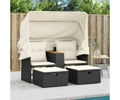 Dvivietė sodo sofa su skliautu/taburetėmis, juoda, poliratanas