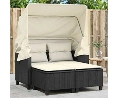 Dvivietė sodo sofa su skliautu/taburetėmis, juoda, poliratanas
