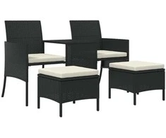 Dvivietė sodo sofa su staliuku/taburetėmis, juoda, poliratanas