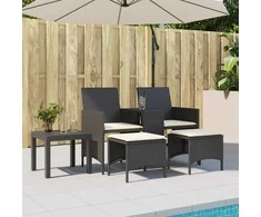Dvivietė sodo sofa su staliuku/taburetėmis, juoda, poliratanas