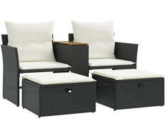 Dvivietė sodo sofa su taburetėmis, juodos spalvos, poliratanas