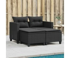 Dvivietė sodo sofa su taburetėmis, juodos spalvos, poliratanas