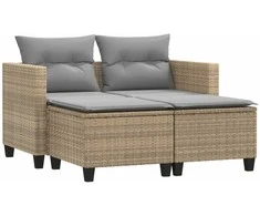 Dvivietė sodo sofa su taburetėmis, smėlio spalvos, poliratanas
