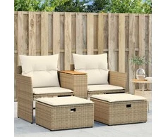 Dvivietė sodo sofa su taburetėmis, smėlio spalvos, poliratanas