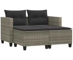 Dvivietė sodo sofa su taburetėmis, šviesiai pilka, poliratanas