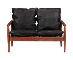 Dvivietė sofa, juodos spalvos, tikra oda ir akacijos masyvas