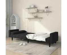 Dvivietė sofa-lova su dvejomis pagalvėmis, juoda, aksomas
