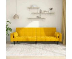 Dvivietė sofa-lova su dvejomis pagalvėmis, geltona, aksomas