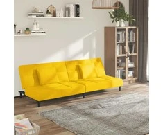 Dvivietė sofa-lova su dvejomis pagalvėmis, geltona, aksomas