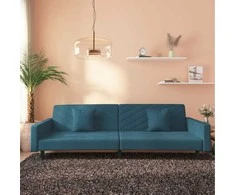 Dvivietė sofa-lova su dvejomis pagalvėmis, mėlyna, aksomas