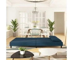 Dvivietė sofa-lova su dvejomis pagalvėmis, mėlyna, aksomas