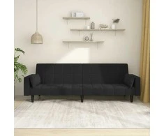 Dvivietė sofa-lova su dvejomis pagalvėmis, juoda, aksomas