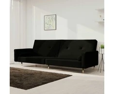 Dvivietė sofa-lova su dvejomis pagalvėmis, juoda, aksomas